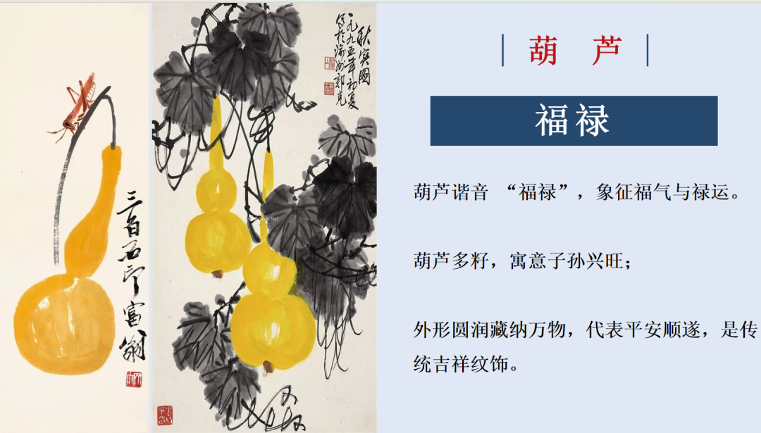 葫芦水墨画及“福禄”寓意说明图。