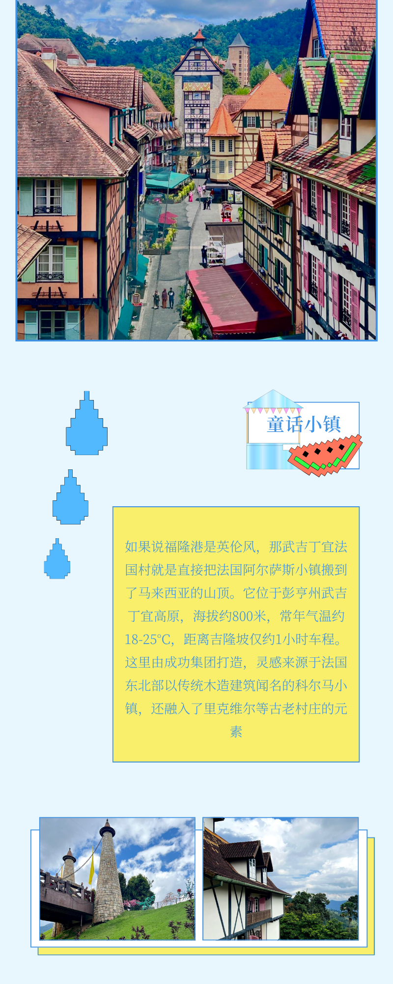 旅游长图展示法式风格街区,并附旅行提示和建筑照片。