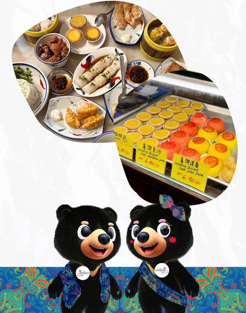 餐饮介绍长图结尾,拼排多种菜品、糕点和旅游吉祥物。