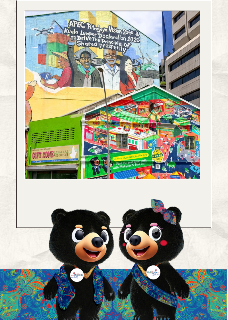 街区游览长图结尾，展示彩色建筑壁画和旅游吉祥物。
